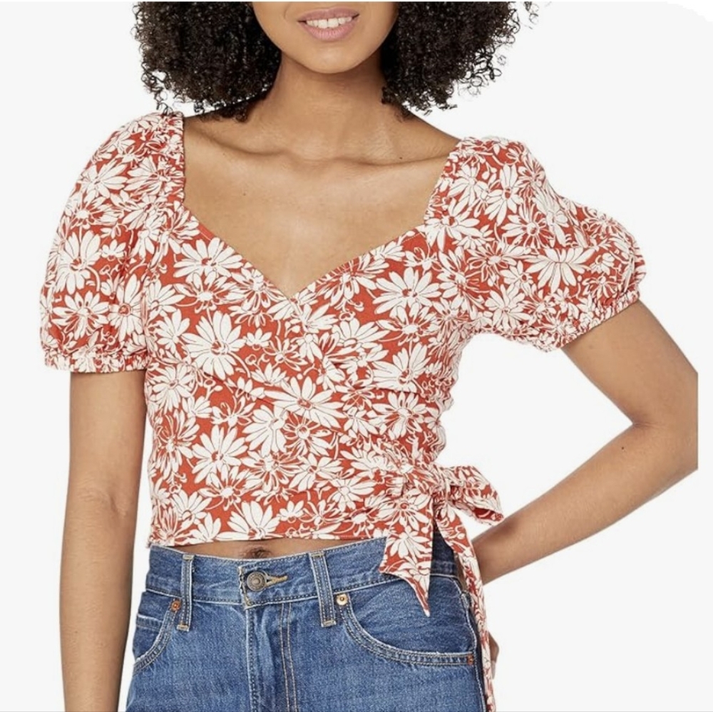 NWT Madewell Anita Linen Wrap Floral Cropped Top Size XS Roasted Squash NJ660